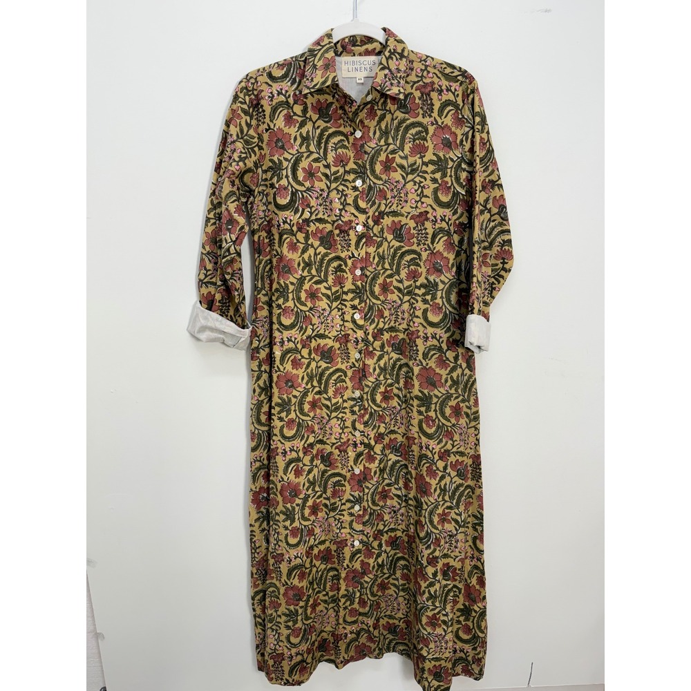 Hibiscus Linens Floral Print Shirt Dress XS Oversized Cotton Midi Long Sleeve